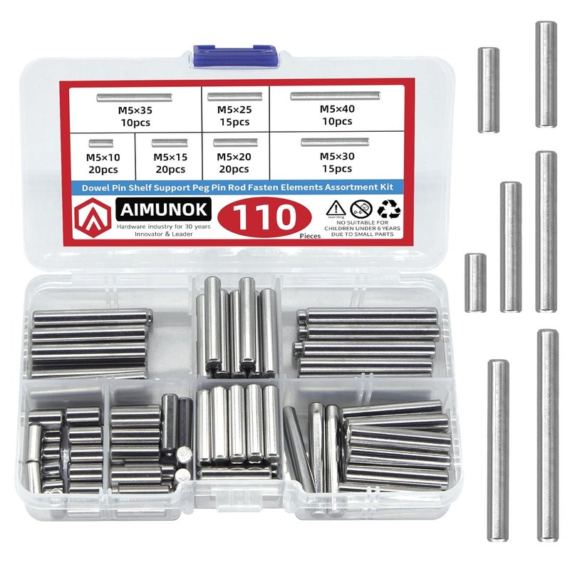 AIMUNOK 110Pcs Dowel Pins Shelf Support Pegs Kit, Stainless Steel Shelf Support Pin Fasten Elements Assortment Set M5 x 10/15/20/25/30/35/40mm, Metal Cabinet Shelf Pins Kit - Image 1